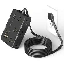 Regleta con protector de sobretensión de 5 pies y enchufe plano, 6 tomas de corriente espaciadas + 4 puertos USB, extensor de toma de corriente montable en la pared, esencial para hogar, oficina y dormitorio - Negro - Ver 10
