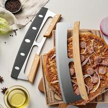 1pc 14-Inch Stainless Steel Pizza Cutter Rocker Blade With Wooden Handle - Large Pizza Slicer Wheel - Easy To Use And Clean - Effortlessly Slice Pizza, Mother's Day Gifts, Items For Mom, Baking Supplies - Wood Color - View 1