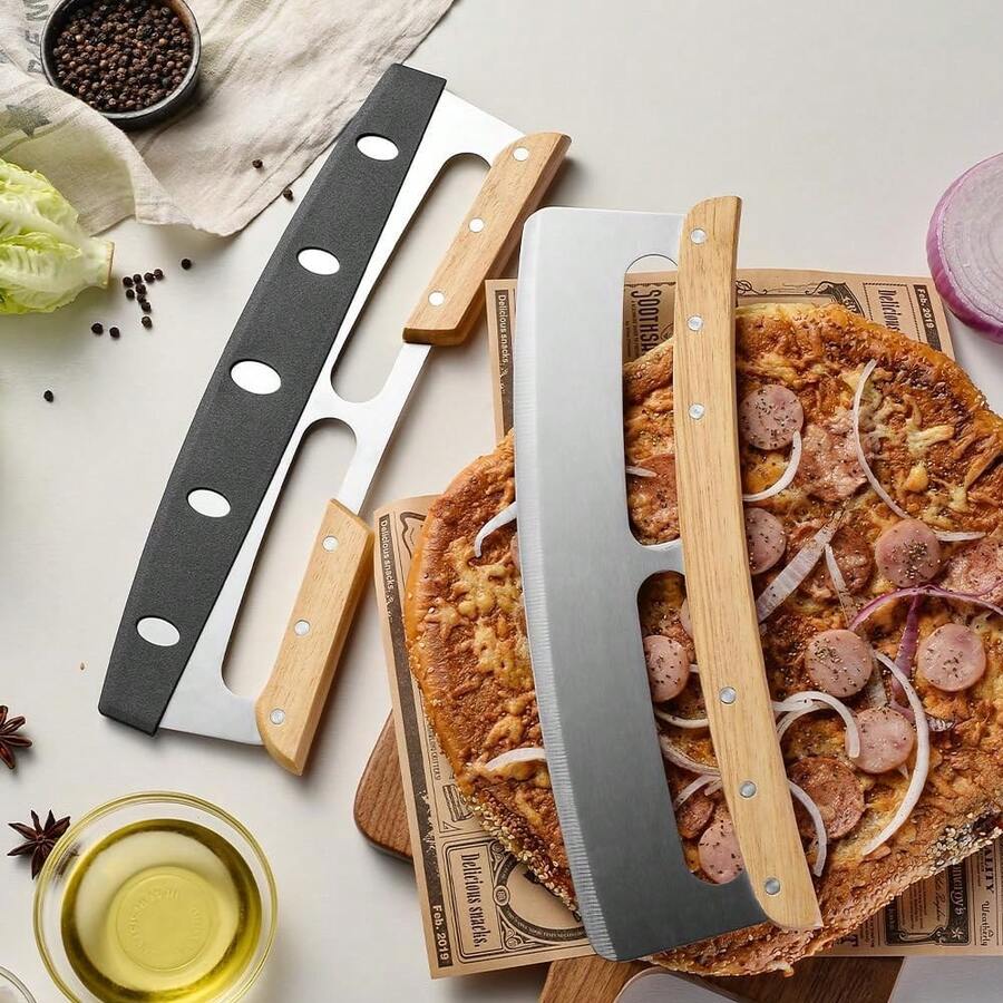 1pc 14-Inch Stainless Steel Pizza Cutter Rocker Blade With Wooden Handle - Large Pizza Slicer Wheel - Easy To Use And Clean - Effortlessly Slice Pizza, Mother's Day Gifts, Items For Mom, Baking Supplies - Wood Color - View 1