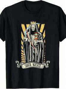 Men's Mexican Gothic Santa Muerte T-Shirt - Retro Graphic Voodoo Death Cult Shirt, Casual Short Sleeve Shirt With Cultural Icon For Casual Wear - 黑色 - 查看 1
