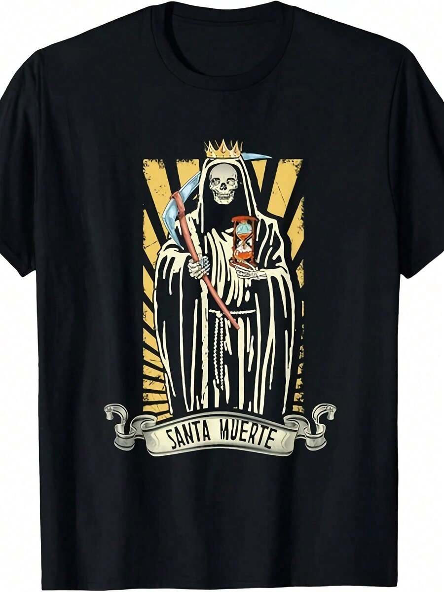 Men's Mexican Gothic Santa Muerte T-Shirt - Retro Graphic Voodoo Death Cult Shirt, Casual Short Sleeve Shirt With Cultural Icon For Casual Wear - 黑色 - 查看 1