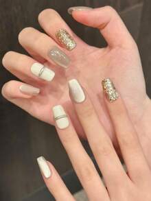 10 piezas de uñas postizas cuadradas medianas hechas a mano para fiestas y uso diario, uñas de color champán, blanco cremoso con purpurina dorada champán efecto espejo, uñas de ojo de gato de haz ancho minimalista, uñas de verano, brillantes y resplandecientes, adecuadas para niñas y mujeres en festivales, fiestas y uso diario - Gris - Ver 3