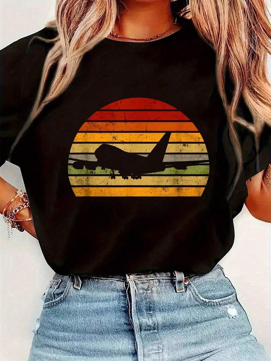 Conjunto de ropa de vacaciones para mujer, camiseta con gráfico de silueta del avión 747 al atardecer, camiseta básica de manga corta casual para mujer, camisetas gráficas parrimavera y