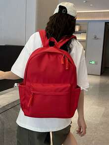 Women's Minimalist Solid Color Nylon Backpack, Lightweight Business Commute Daily Use Backpack, Multi-Pocket Large Capacity Casual Backpack Suitable For Office, Work, Travel, School - Red - View 9