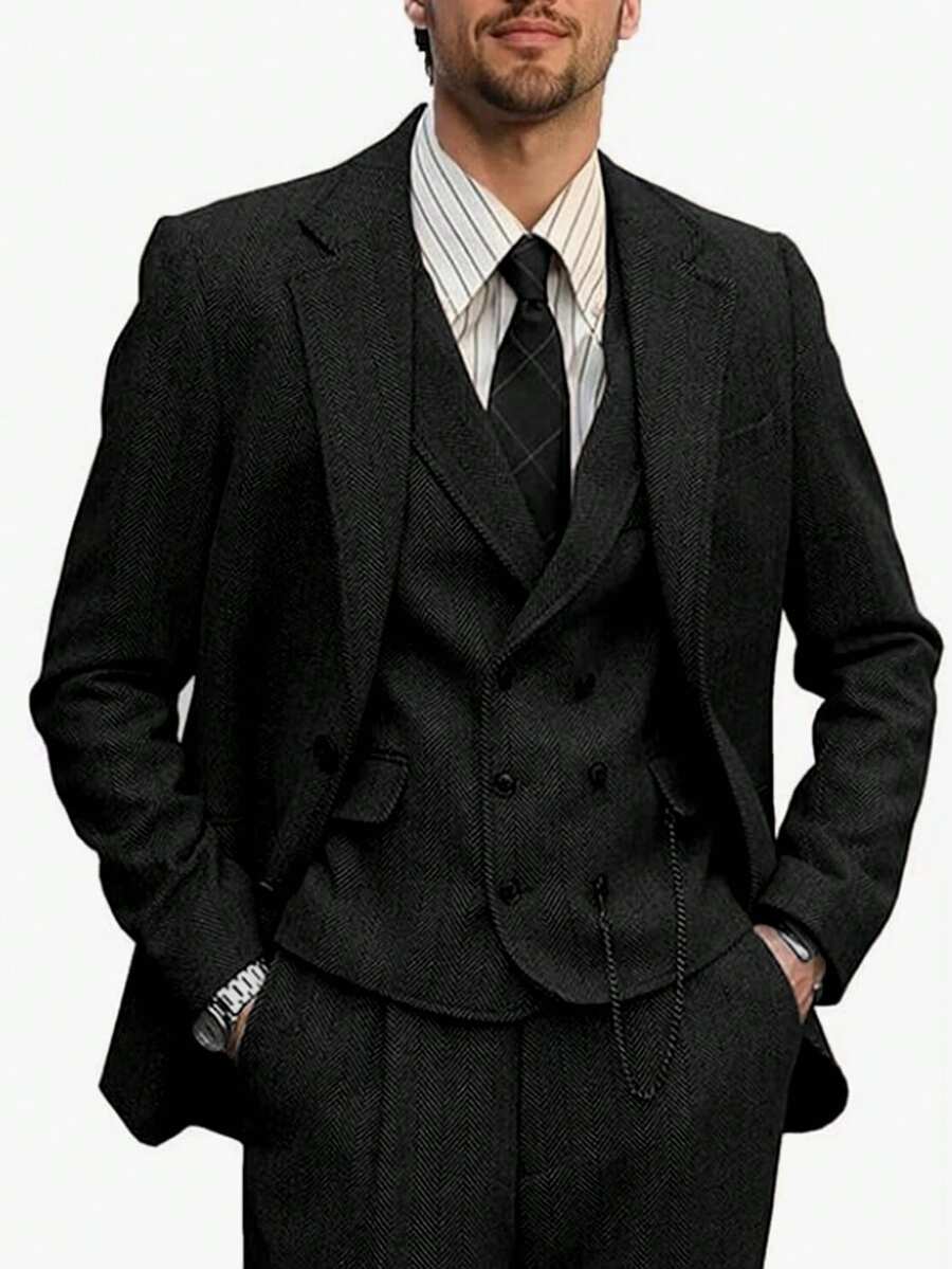 男士人字紋三件套西裝套裝,修身商務婚禮風,雙排扣西裝外套、背心、長褲,舞會正式派對老錢風 - 黑色 - 查看 1