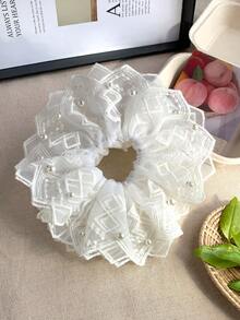 1pc French Style Gentle Embroidery Lace Pearl Hair Tie, Heavy Embroidery Lace With 3D Pearl Design, High-End Elegant Girly Style, Non-Damaging Hair Tie Ponytail Elastics Rubber Bands - Multicolor - View 5