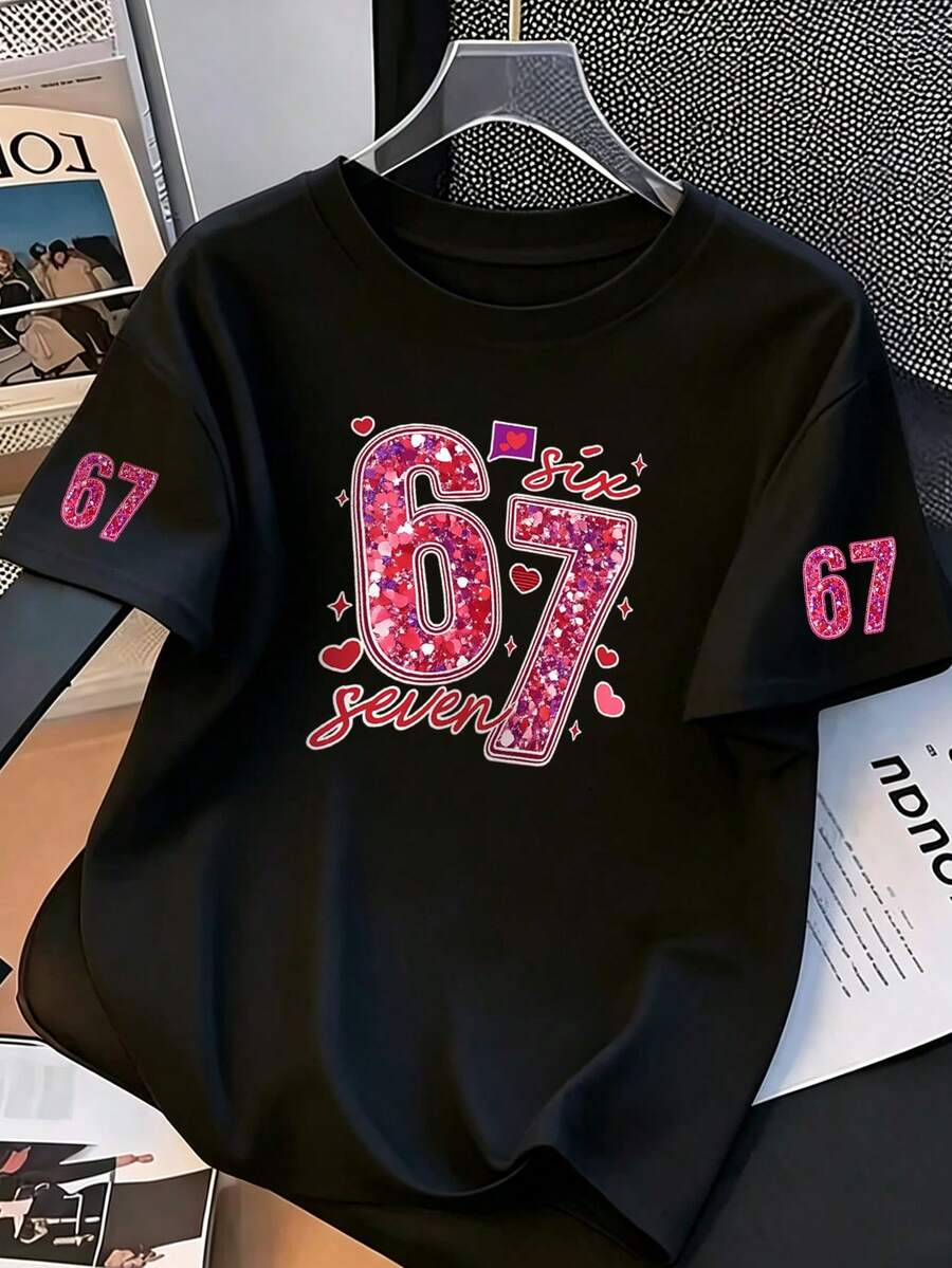 青少年女孩 Coquette 風格白色 T 恤,亮片「67」數字與愛心印花休閒短袖上衣,可愛 Y2K 夏季街頭風上衣 - 黑色 - 查看 1