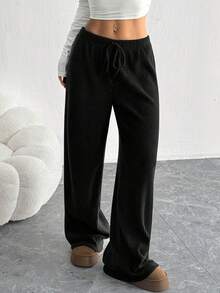 Pantalones deportivos mujer: corte , sueltos, color sólido, estilo con costillas.Ideales para correr, salidas o casa.Todas las estaciones, lavables a máquina. - Negro - Ver 2