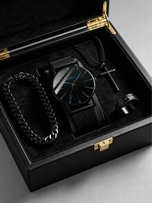 Minimalist Geneva Black Dial Red/Blue/Black Scale Men's Quartz Watch 4/1 Set, Cool Black Mesh Strap Lightweight Men's Watch Paired With Cuban Bracelet, Cross Pendant Necklace And Engraved Ring, Street Style Business Commute Dual-Use Men's Accessory Set, Father's Day Gift, Men's Birthday Gift, Graduation Back To School Gift Choice Men's Set Jewelry (Display Box Not Included) - Multicolor - View 4