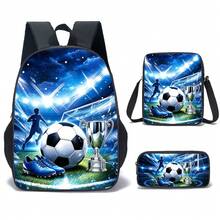 3 PiecesFootball Pattern Casual Backpack Set, 15 Inch, Lightweight Outdoor Casual Backpack, Includes School Bag, Crossbody Bag And Pencil Case - 足球背包 - 查看 4