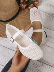 Zapatos Mary Jane de malla transpirable de verano para mujer, punta cuadrada, correa única, planos, versátiles para uso diario, casuales, de vampo bajo, color blanco - Blanco - Ver 2