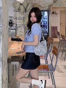 Women's Striped Short Sleeve Bow Square Neck Blouse Summer - Blue - View 8