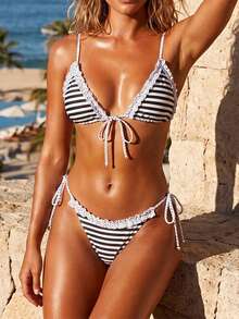 Women's Striped Ruffle Trim Tie Side Bikini Set Triangle Top Two Piece Swimsuit For Beach  Vacation - Black - View 3