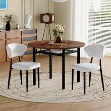Modern Minimalist Round Table Set (2 White Polyurethane Armchairs With Curved Backrest), 100cm Diameter Round Table With Wood Look, Suitable For The Dining Room And Kitchen. - Black - View 2