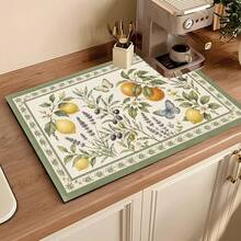 1pc Fruit Print Absorbent Drying Mat, Kitchen Decor Coffee Machine Mat, Hand Drip Coffee Pot Drain Mat, Kitchen Floor Mat, Table Mat, Kitchen Countertop Dish Drying Mat, Breakfast Mat, Heat-Resistant Drain Mat With Non-Slip Backing, Diatomaceous Earth Drain Mat, Stain-Hiding, Super Absorbent Kitchen Drain Mat, Easy-To-Clean Dish Rack Mat, Perfect For Kitchen, Dining Table, Coffee Shop, Bar, Holiday, Party, Home Decor, Holiday Gift - Multicolor - View 3