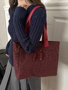 Bolso Tote Grande de Moda Versátil con Textura unicolor Nuevo Bolso Casual Minimalista con Textura Estampado de Leopardo Bolso de Hombro Grande - Burdeos - Ver 5