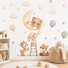 Forest Animal Wall Decals, Bear, Rabbit, Deer, Fox, Moon, Star, Cloud, Balloon Nursery Wall Stickers, Watercolor Bohemian Neutral Baby Room Decor, Newborn Baby Shower, Housewarming Gift, Suitable For Children's Bedroom - Forest Animal Wall Stickers - View 6