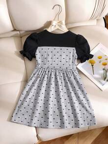 Tween Girls Outdoor Casual Fashion Elegant Outfit Minimalist Style Black & Grey Patchwork Design Bow Print Round Neck Flared Cuff Puff Sleeve Dress Summer Style, Suitable For Daily & Today Wear, Back To School, Street Photography, Family Travel, Social Gathering, City Vacation - Multicolor - View 3