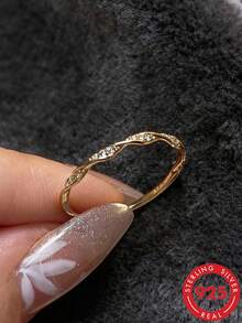 1枚S925纯银扭绳设计合成锆石女士戒指，优雅大方，适合日常佩戴 - 金黃色 - 查看 1