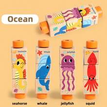 1 Set Montessori Rotatable Solid Wood Blocks Decor, Ocean Animals, Transportation, Profession Image Patterns, Toddler Color & Object Cognition Desktop Educational Toy - Multicolor - View 13