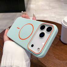 Dual-Color Contrast Orange Line MagSafe Phone Case, Matte Silicone Frame Shockproof Protective Cover, Large Camera Window Oil-Drip Design, Compatible With IPhone 17 16 15 14 13 Pro Max 12 Pro Max Wireless Charging Case, Holiday Gift - Baby Blue - View 2