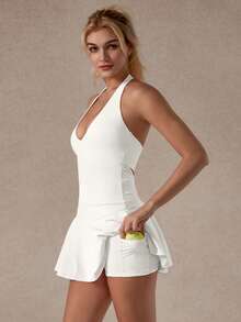 TimeOff Women's One Piece Solid Color Halter Neck Backless Pocket Lined Shorts Sports Romper - White - View 1