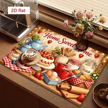 1 pieza Tapete de secado de platos, tapete para máquina de café, tapete absorbente de fibra de poliéster con estampado de tema de horneado acogedor, duradero y altamente absorbente, adecuado para mesa de comedor, cafetería y otros escenarios, el patrón incluye pastel de fresa, juego de té, utensilios de horneado y otros elementos cálidos de cocina, tapete de drenaje multiusos, regalo para el hogar, decoración de mesa - XYLSD-531 - Ver 3