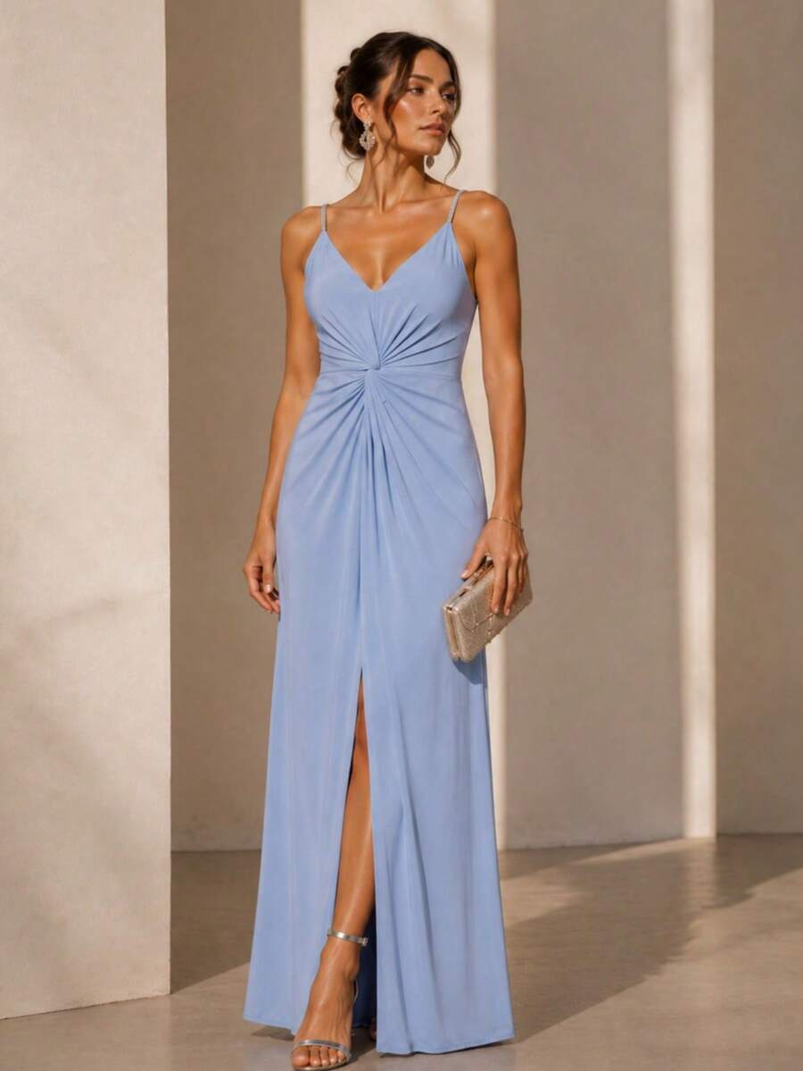 Inexpensive Bridesmaid Dress For Parties, Guests, Receptions, Graduations, Without Glitter, With Thin Rhinestone Straps. - Blue Serenity - View 1