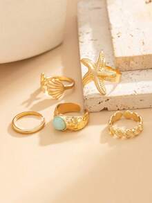 Juego de 5 anillos para el dedo del pie estilo vacaciones de playa con estrella de mar, anillos abiertos ajustables apilables con piedras preciosas creativas - Multicolor - Ver 3