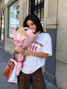 Women's White Round Neck T-Shirt, Chili Style Small Red Letters Print, Y2K Streetwear Style, Casual Loose Knit Top, Cute Basic Tee For Summer - White - View 6