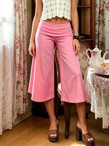 Fold Over Wide Leg Capri Pants For Women Low Rise Lounge Yoga Flare Culottes Y2k Flowy Crop Palazzo Pants - 玫紅色 - 查看 1