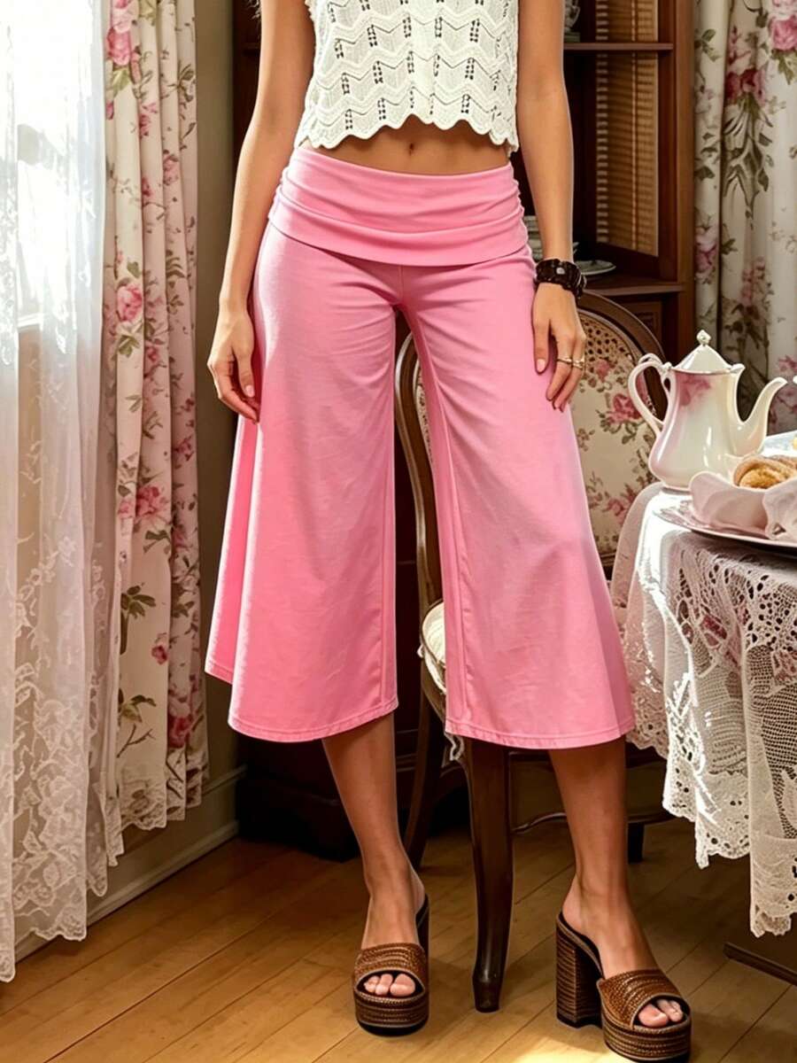 Fold Over Wide Leg Capri Pants For Women Low Rise Lounge Yoga Flare Culottes Y2k Flowy Crop Palazzo Pants - 玫紅色 - 查看 1