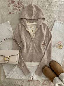 Floral Grey Khaki Zipper Hooded Knit Cardigan, Cropped Slim Fit Casual Minimalist Y2K Top - Apricot - View 8