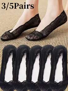 3 Pairs Women's Mesh Boat Socks, Non-Slip Breathable Thin Ankle Socks For Summer, Low Vamp Invisible Socks, Random Solid Color Delivery - Black - View 1