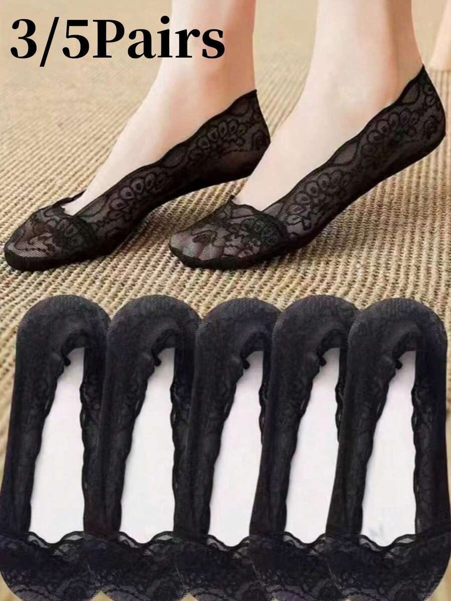 3 Pairs Women's Mesh Boat Socks, Non-Slip Breathable Thin Ankle Socks For Summer, Low Vamp Invisible Socks, Random Solid Color Delivery - Black - View 1
