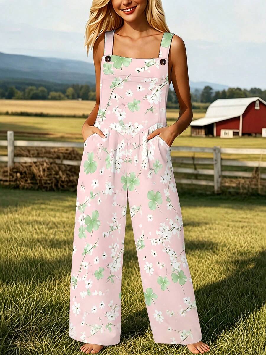 Floral And Clover Print Women's Adjustable Strap Jumpsuit, Polyester Fiber Fabric, Lightweight And Breathable, Women's Clothing - 彩色 - 查看 1
