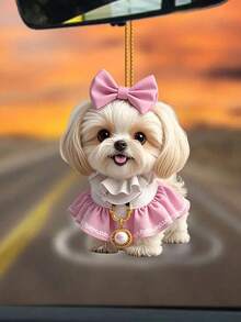 2D Flat Acrylic Pink Bow Dog Pendant - Cute Puppy Car Rearview Mirror & Home Decor, Lightweight & Scratch-Resistant, Healing Style Creative Car Interior Accessory - A - View 1