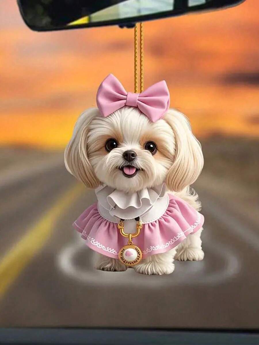 2D Flat Acrylic Pink Bow Dog Pendant - Cute Puppy Car Rearview Mirror & Home Decor, Lightweight & Scratch-Resistant, Healing Style Creative Car Interior Accessory - A - View 1