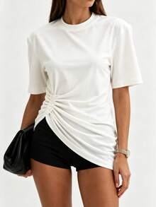 Women's White Knit Round Neck Short Sleeve Asymmetric Hem Detail Regular T-Shirt, Commuting & Casual Summer - White - View 3