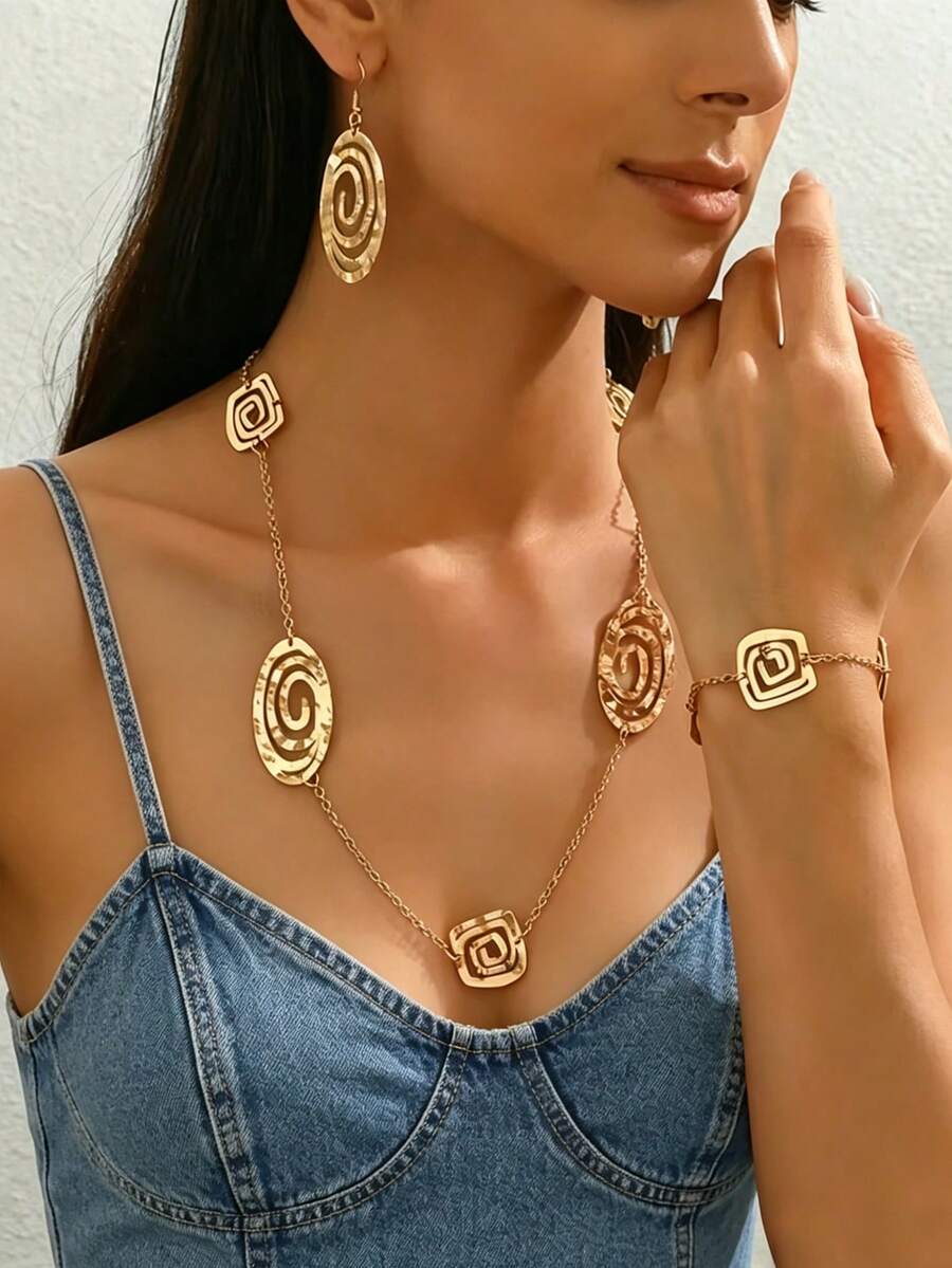 1 Juego de Joyas con Patrón Geométrico Espiral Hueco Abstracto Chapado en Oro, Collar con Colgante de Vórtice Cuadrado & Oval, Pendientes, Pulsera, Accesorios de Estilo Bohemio Vintage, Adecuado para Verano, Primavera, Vacaciones en la Playa, Cumpleaños, Navidad, Fiesta de Acción de Gracias y Uso Diario - Dorado - Ver 1