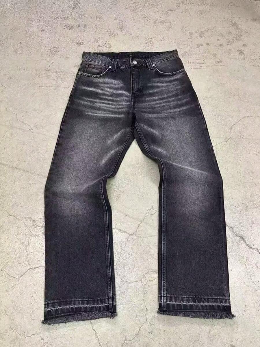 Quần jeans ống rộng nam không co giãn màu đen wash, phong cách streetwear thường ngày, hiệu ứng râu mèo, gấu raw, denim Y2K - màu đen - Xem 1