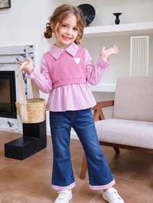 Bộ 2 áo cổ bẻ 2 trong 1 + quần jeans ống loe cho bé gái - Hồng - Xem 2