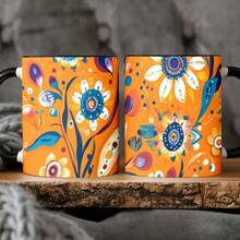 [Se envía en 24 horas desde México]Taza de cerámica floral estilo bohemio de 11 onzas - Naranja vibrante, diseño floral colorido, taza de café de boca ancha, adecuada para campamentos, picnics y como regalo de San Valentín, lavar a mano únicamente. - Imagen 1 pieza - Ver 5