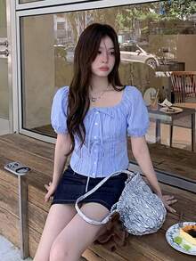 Women's Striped Short Sleeve Bow Square Neck Blouse Summer - Blue - View 5