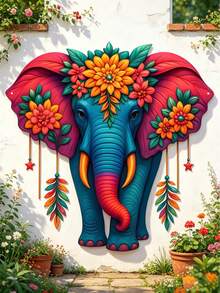 1Pc 2D Flat Colorful Elephant Metal Wall Decor, Boho Style Elephant Garden Ornament, Suitable For Home, Yard, Room, Courtyard And Balcony Decoration, Also Used As Outdoor Fence Decor, Housewarming & Holiday Gift, Ideal Present For Friends And Family - Elephant B - View 6