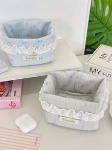 1Pc Cute Lace Ruffle Quilted Storage Basket, Small Bow Print Foldable Desktop Organizer For Cosmetics Sundries Bedroom Decor - Multicolor - View 7