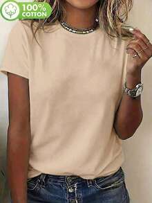 Plus Size Women's Loose Fit Round Neck Short Sleeve T-Shirt, Casual Summer Wear, Slightly Stretchy Fabric - Apricot - View 4