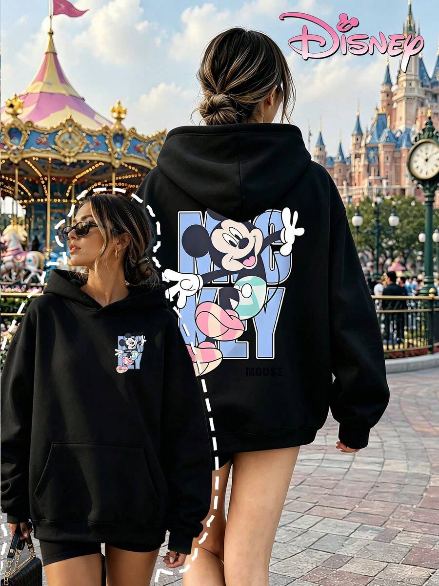 Disney Women's Hooded Sweatshirt, Unisex Sweatshirt, Color-Blocked Mickey Mouse Waving Sweatshirt With Large Lettering. - 黑色 - 查看 1
