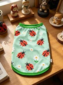 1pc Cute Ladybug Floral Print Pet Tank Top, Breathable Mesh Sleeveless Dog Vest, Soft Lightweight Puppy Summer Clothes, Casual Daily Wear Small Medium Dogs Outfit, Dog Clothes, Green Pet Apparel For Chihuahua Poodle Bichon. - Multicolor - View 2