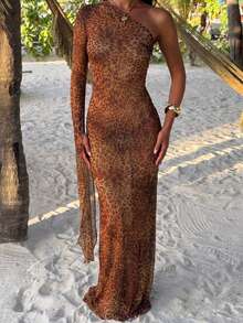 Women's Fashion Sexy Mesh Sheer Summer Vacation Beach Dress, Leopard Print! One Shoulder Long Sleeve! Beach Cover-Up Dress~ Summer Sheer Elegant - Rust Brown - View 1